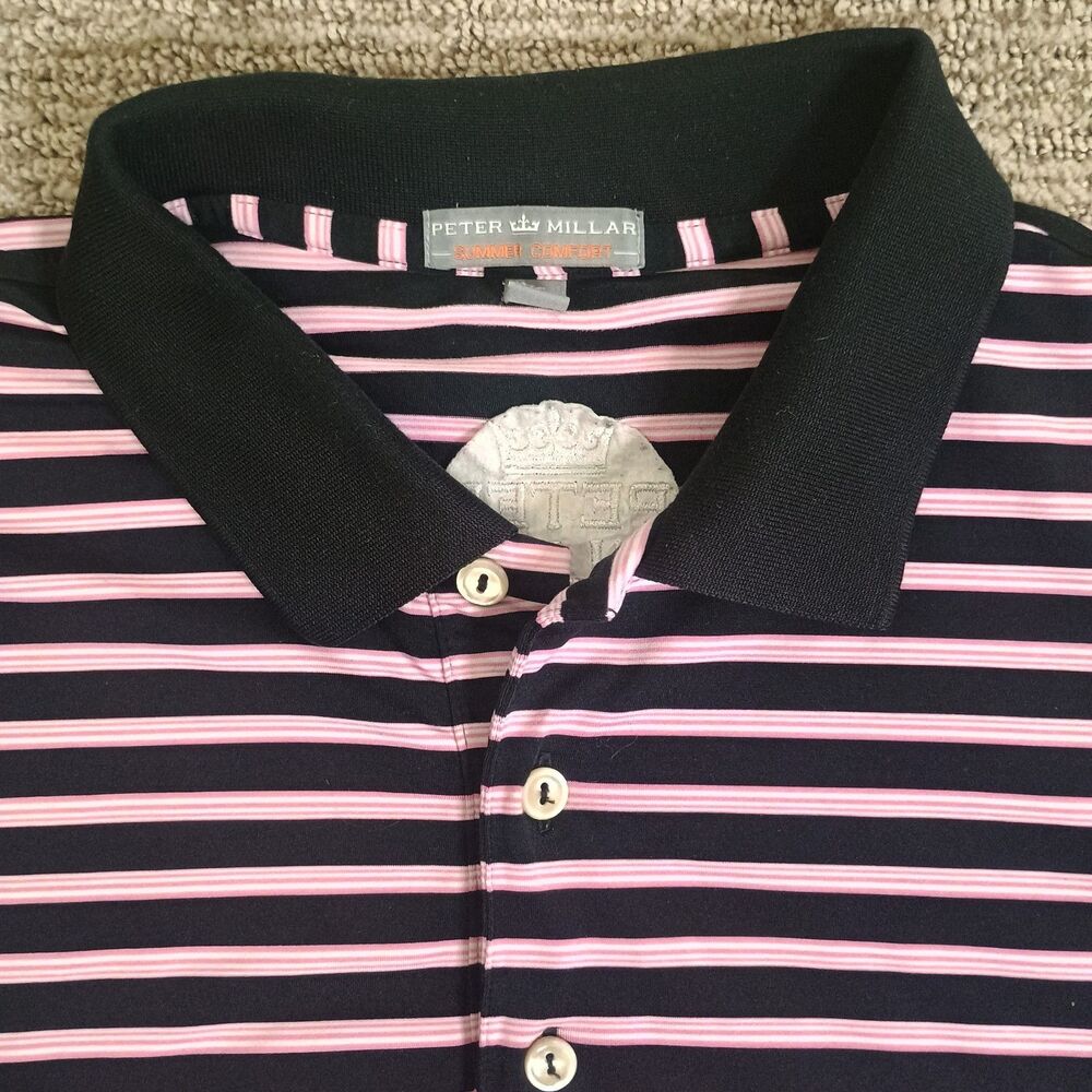 Peter Millar Summer Comfort Golf Polo Shirt Men's Large Black W/ Pink Stretch